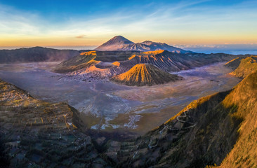 Aerial view of Mount Bromo, is an active volcano and part of the Tengger massif, in East Java, Indonesia. Famous travel destination backpacker in south east asia