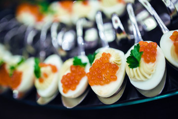 Beautifully decorated catering banquet table with profiteroles, salads and cold snacks.