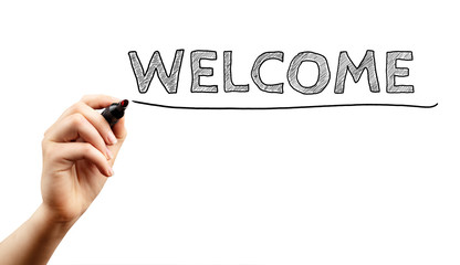 hand writing welcome on white