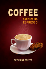 Creative poster with white cup of black coffee. Design cover for menu coffee. Cup black coffee with cookie on saucer on red background.