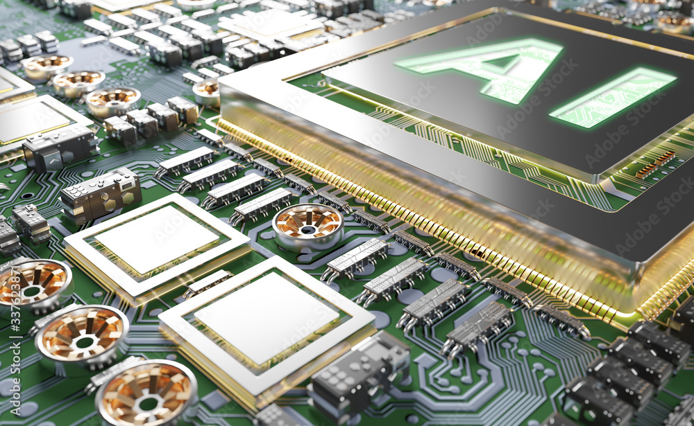 Fototapete Artificial Intelligence in a modern GPU card 3D rendering