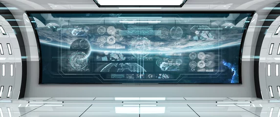 Fotobehang White spaceship interior with control panel digital screens 3D rendering © sdecoret