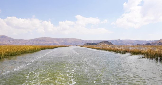 Peru Lake Titicaca waterways between the floating islands