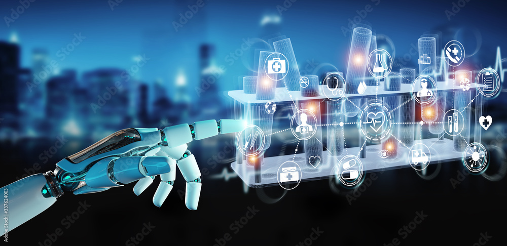 Poster Robot hand holding and touching holographic tubes samples projection 3D rendering