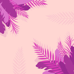 Fototapeta na wymiar Pink tropical leaves with feathers in corners of banner. Pastel light background with foliage or plants vector illustration.
