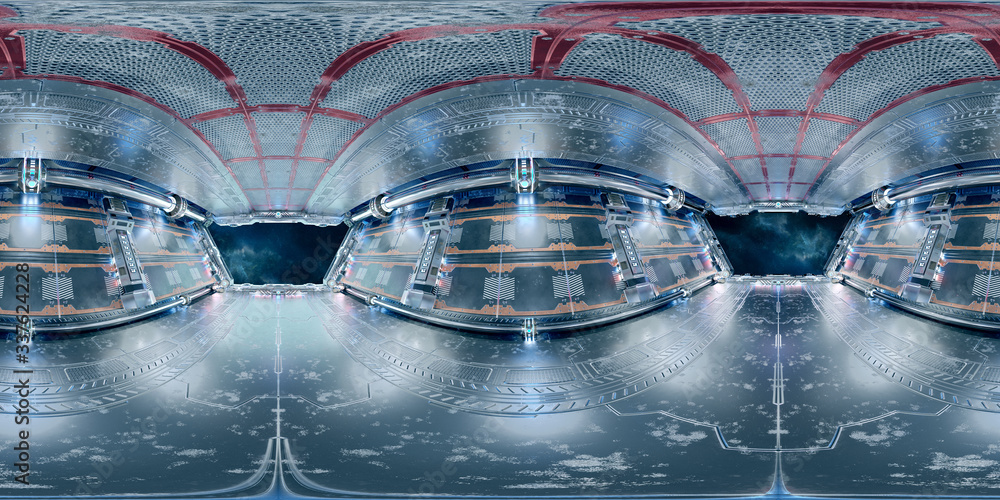 Aufkleber High resolution HDRI panoramic view of a spaceship interior. 360 panorama reflection mapping of a futuristic spacecraft room 3D rendering