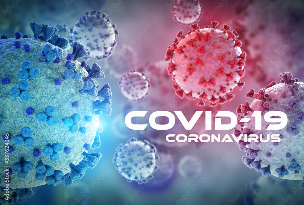 Poster 3d rendering of the coronavirus on a microscopic level. microscope close-up of the covid-19 disease.