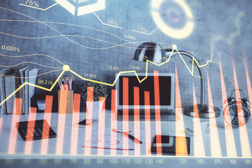 Multi exposure of forex graph and work space with computer. Concept of international online trading.
