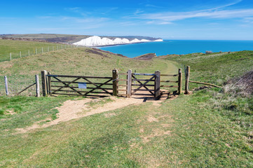 Walk to Cuckmere Haven beach near Seaford and Eastbourne, East Sussex, England. South Downs...