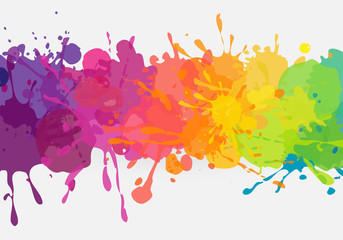 Bright colorful banner. Vector horizontal banner with colorful paint stains and splatters. Vibrant and colorful banner template. - 337626645