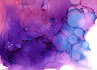 Abstract Pink spots alcohol ink stains blots on a black background. Magical backgrounds
