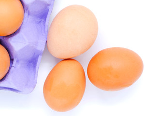 Close-up view of raw chicken eggs on background