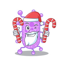Friendly mycobacterium in Santa Cartoon character holds Christmas candies