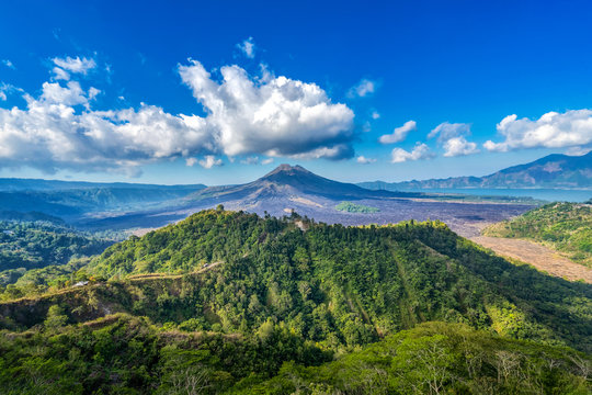 Aerial view of Indonesian volcano Batur in the tropical island Bali. Royalty high quality free stock image of Danau Batur, Indonesia.