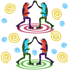 the pattern is a fun funny skinny frog dancing with its feet and hands on a white background