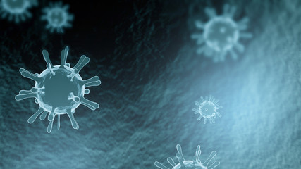 Covid-19, abstraction background with elements of the virus. The epidemic of viral diseases. Micro organisms, macro, 3d illustration. Pandemic, medical.