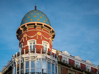 Upper part of the facade of the Pando Arguelles building ("Casa de los Pando Arguelles"), Vitoria-Gasteiz, Spain