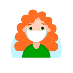 Face of a red-haired girl with freckles in mask. Cartoon portrait of a young woman. Avatar character for an icon, hand drawn  simple flat. Stock vector illustration isolated on white background.