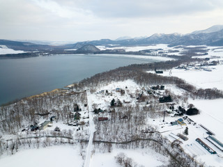 Aerial view of Lake Kussharo hokkaido in winter