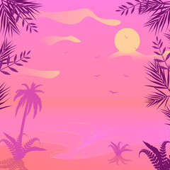 Fototapeta na wymiar Summer resort with water washing coast. Tropical jungle with palm tree leaves. Birds flying in sky on sunset vector illustration.