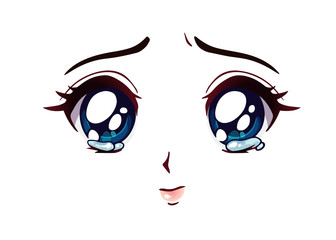 Sad anime face. Manga style big blue eyes