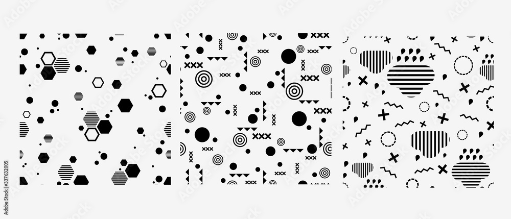 Aufkleber black and white geometric shapes on background. hexagons with stripes, circles, crosses, cloud with 