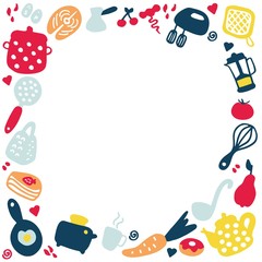 Hand-drawn frame of kitchen items. Doodle icons of kitchen appliances, devices for cooking, products and dishes.