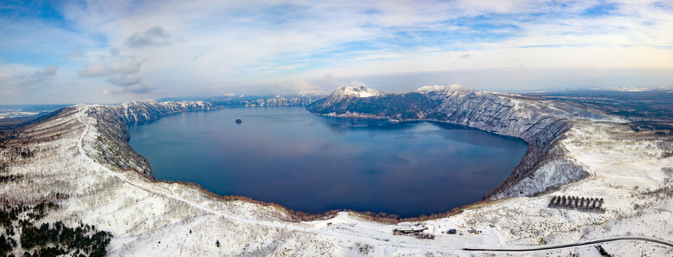 panoramic view of Lake Mashu dake in winter time in Hokkaido,Japan