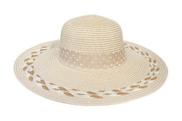 Fototapeta na wymiar A hat isolated on a white background. The hat is tied with a bow and a pattern on the brim. (with Clipping Path)