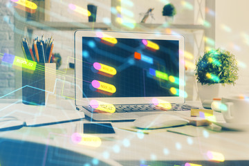 Multi exposure of desktop computer and technology theme hologram. Concept of software development.