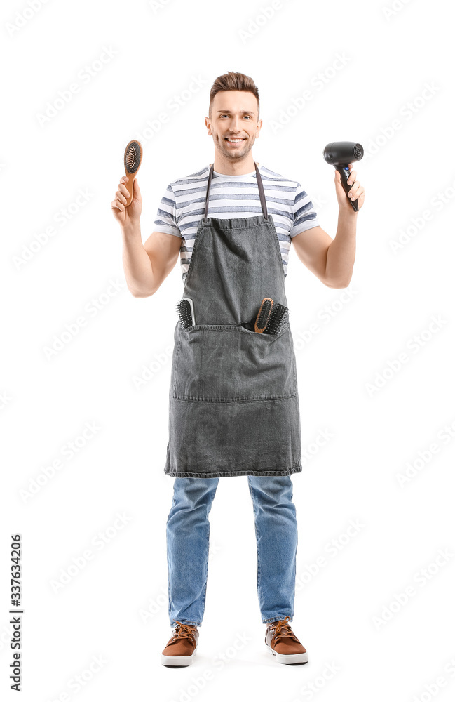 Sticker portrait of male hairdresser on white background