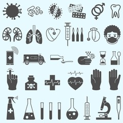 Medical set. Medical mask, syringe, aboratory glassware, gloves, thermometer, ambulance, microscope, syringe, spray. ovid 19. Virus protection.