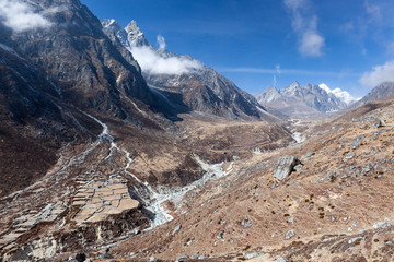 Fototapeta na wymiar Valley in Himalayas on the way to Nangpa La and Renjo La in Nepal. Beautiful mountain landscape.