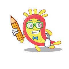 A brainy student azorhizobium caulinodans cartoon character with pencil and glasses
