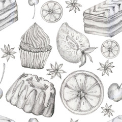 Sketch pencil line seamless pattern Icons of dessert bakery shop cupcake cake snack Illustrations design for restaurant, cafe, bar, coffeehouse, coffee shop by hand