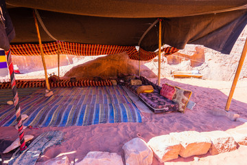 Bedouin nomad tent in desert. Wadi Rum, Jordan.