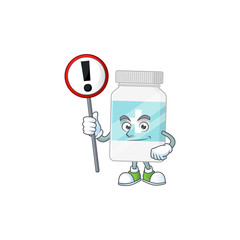 A picture of supplement bottle cartoon character concept holding a sign