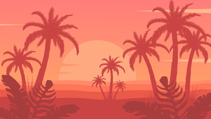 Naklejka na ściany i meble Tropical palm trees near sea or ocean. Beautiful sky with sunset background. Summer vocation, island with nature vector illustration.