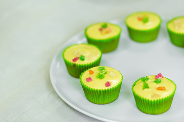 Plate with freshly baked sweet muffins. Sweet pastries, recipes, cooking
