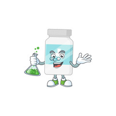 Supplement bottle genius Professor Cartoon character holding glass tube