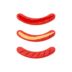 Set of grilled sausages with ketchup and mustard sauce, isolated on white background. Vector illustration.