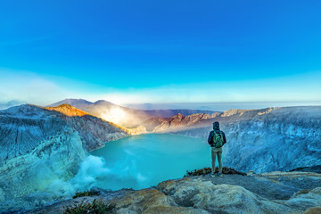 Fototapeta premium Aerial View of Kawah Ijen - Early in the Morning. The Ijen volcano complex is a group of composite volcanoes in the Banyuwangi Regency of East Java, Indonesia.