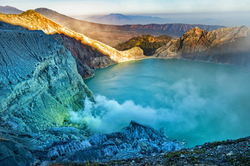 Aerial View of Kawah Ijen - Early in the Morning. The Ijen volcano complex is a group of composite volcanoes in the Banyuwangi Regency of East Java, Indonesia.