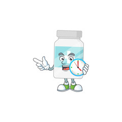 Supplement bottle mascot design concept holding a circle clock