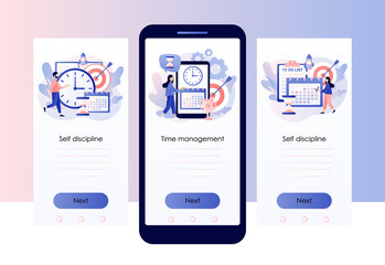 Self Discipline and Motivation concept. Time management, self control, self management, target, productivity metaphors. Screen template for mobile smart phone. Modern flat cartoon style. Vector