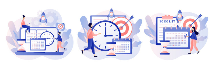 Self Discipline and Motivation concept. Tiny people which time management, self control system, self management, target, productivity.Modern flat cartoon style. Vector illustration on white background
