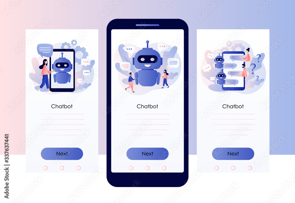 Poster chatbot concept. ai robot assistant, online customer support. tiny people chatting with chatbot appl