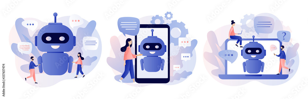 Fototapete chatbot concept. ai robot assistant, online customer support. tiny people chatting with chatbot appl