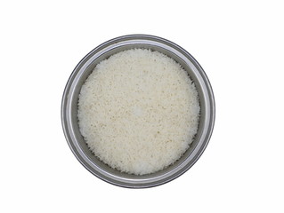Top view of steamed rice in the pot, ready to eat Isolated on white background.
