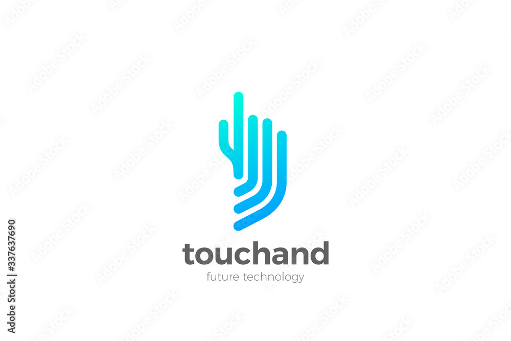 Poster hand touch finger logo click press touchscreen app vector design template linear outline style.